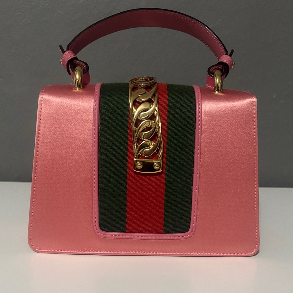 Gucci pink Satin Crystal Mini Sylvie Top Handle Bag - Picture 2 of 8
